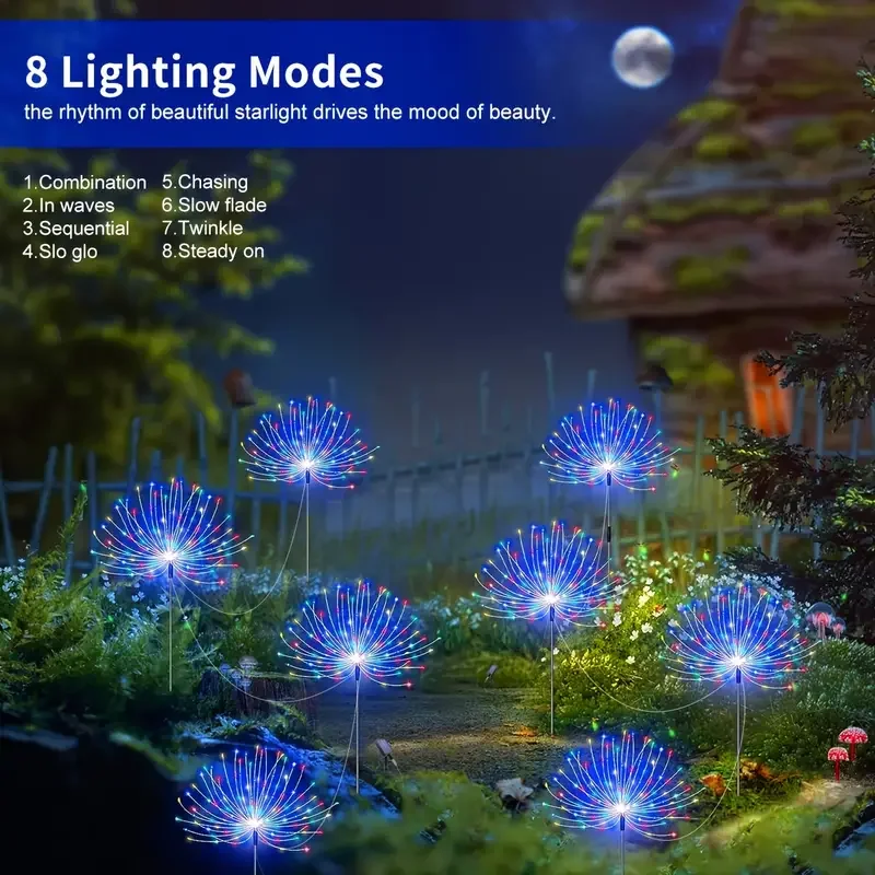 Solar Fireworks LED Lights, Decoração do jardim, ao ar livre Starburst Lights, impermeável, Dandelion Lawn Lamp, Super brilhante, 320LED, 4in 1