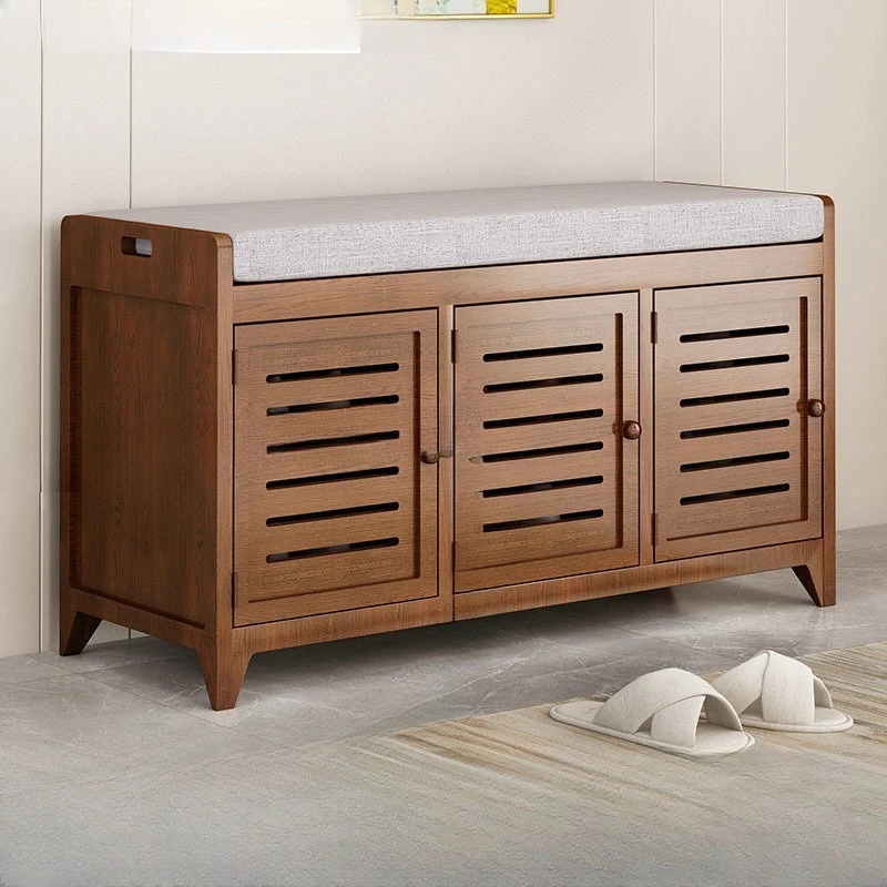 

Solid wood shoe stool with door, seated dust-proof shoe cabinet at the entrance foyer entrance storage shoe stool