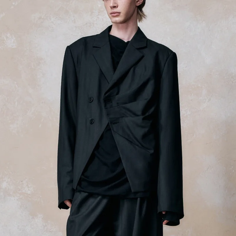 WVGA Spring Autumn New Man Tide Short Lapel Wool Blend Pleated Trendy Padded Shoulder Blazer Niche Chic Casual Jakcet Ins W21538
