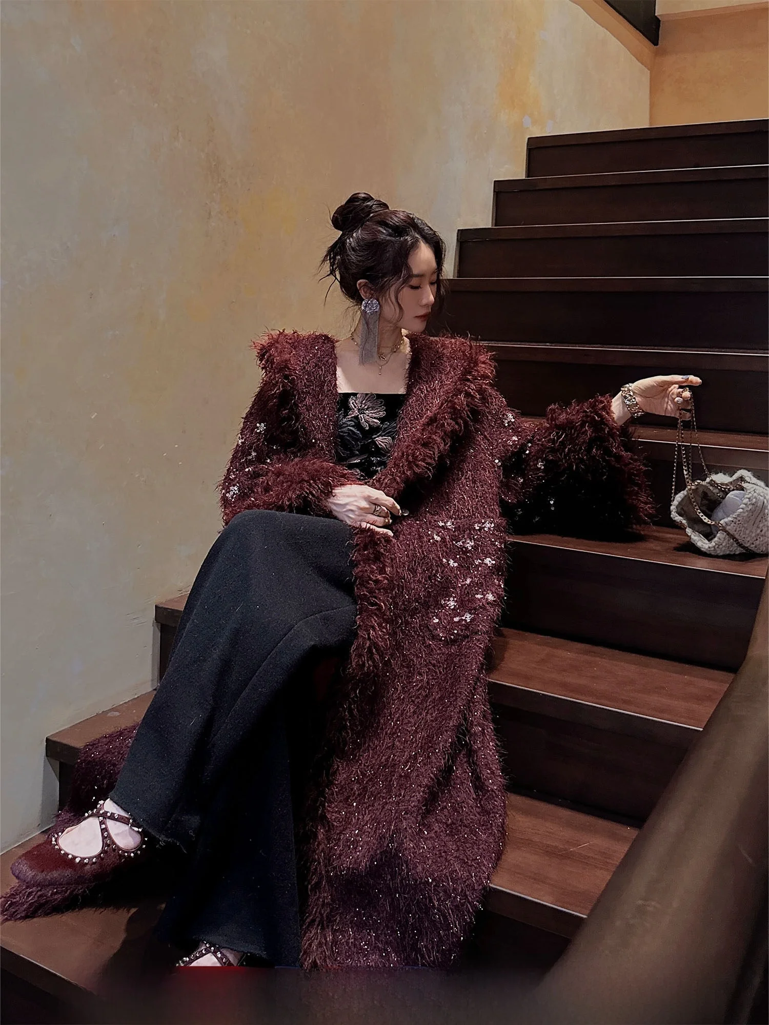 

Sanji Bla Flower Pastoral Girl Thiened Woolen Coat Women's Winter Outerwear Korean Sle Straight Cut Long Sve Coat