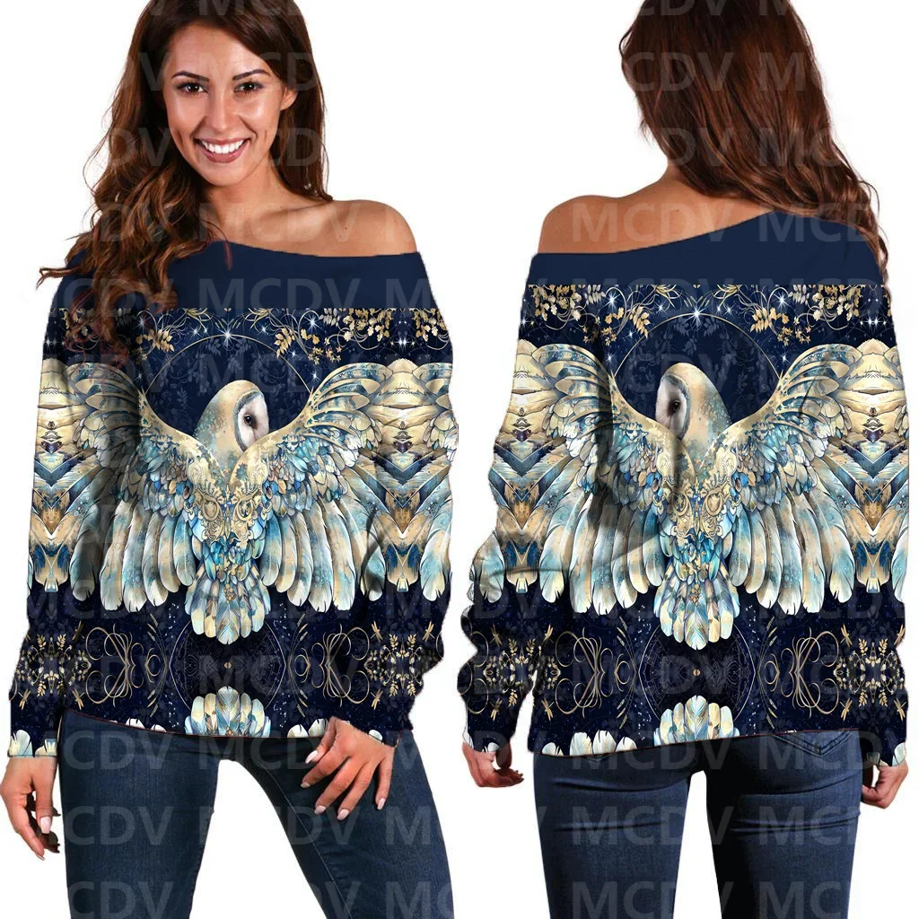 

Women's Off Shoulder Sweater Owl 3D Printed Women Casual Long Sleeve Sweater Pullover