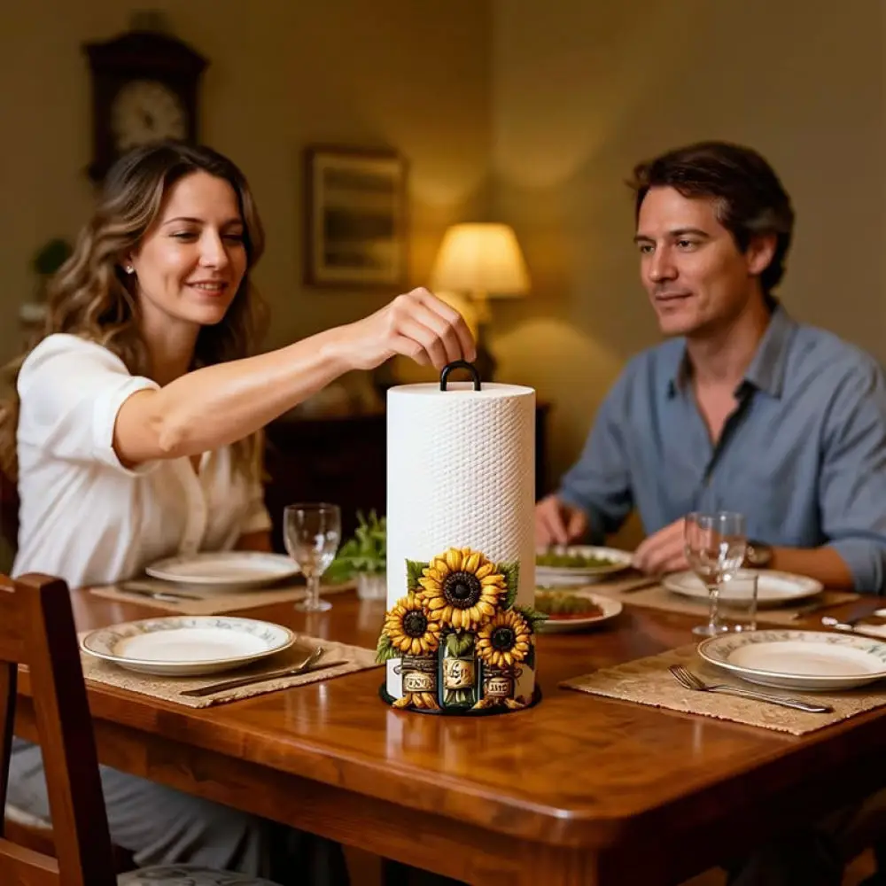 Standing Paper Towel Rack Retro Sunflower Wood Napkin Stand Kitchen Countertop Tissue Storage Organizer