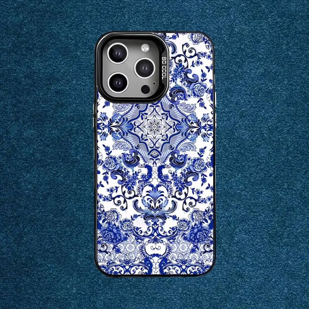 เคสโทรศัพท์ลายครามสีน้ำเงินขาว สำหรับ iPhone17,16,15,14,13,12,Mini,Pro,E,MAX สีเทาด้าน ซิลิโคนสีดำ