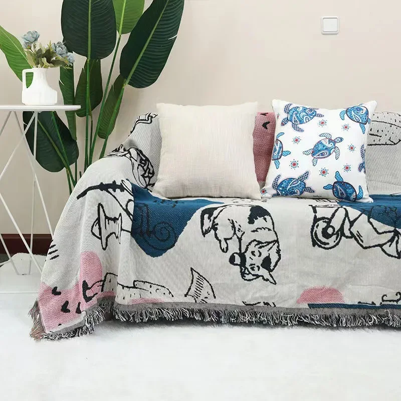 Multi-Function Decorative Cat Pattern Throws for Sofa Bed Armchair Camping Tablecloth Carpet 180x130cm Throw Blanket with Tassel