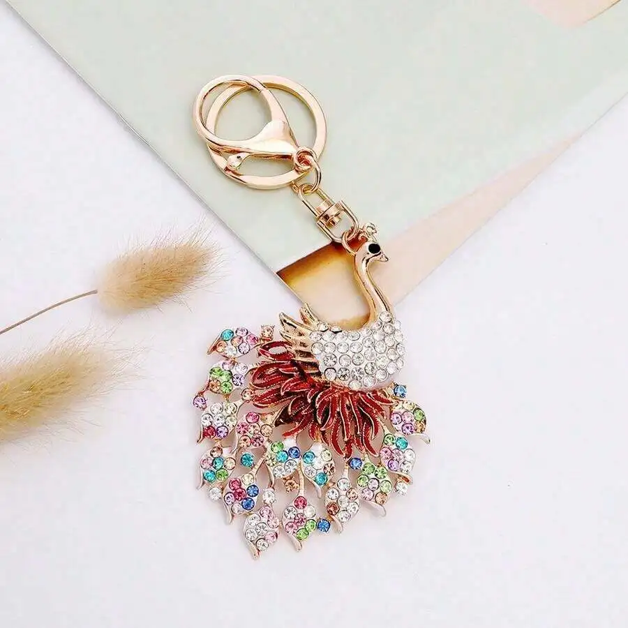 Alloy Peacock Keychain With Rhinestones For Bag Car Backpack Decoration Stylish Fashion Accessory