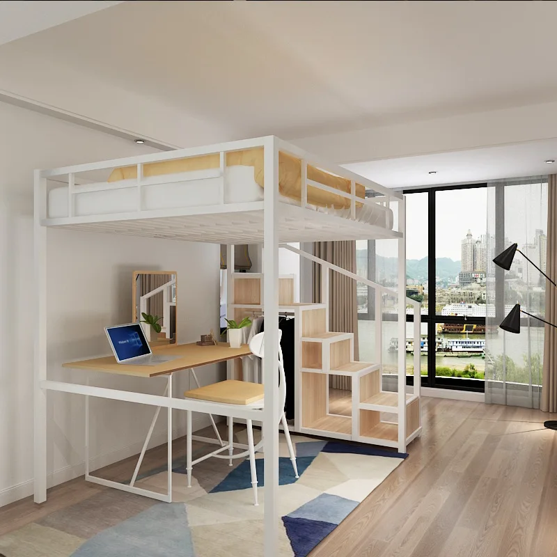 Simple and modern bed and table iron frame bed, multi-functional student apartment single high and low bed, household bunk bed