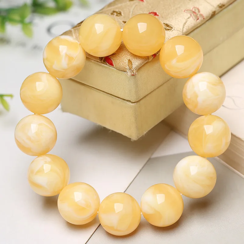 White Honey Bead , Second Generation Chicken Oil Amber, Round Beads, Single Strand Bracelet for Men and Women