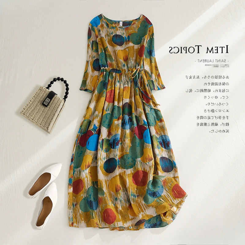 Fashionable Contrast Color Polka Dot Print Cotton Linen Long Dress High Waist Belted Waist in And out of Style A-Line Skirt