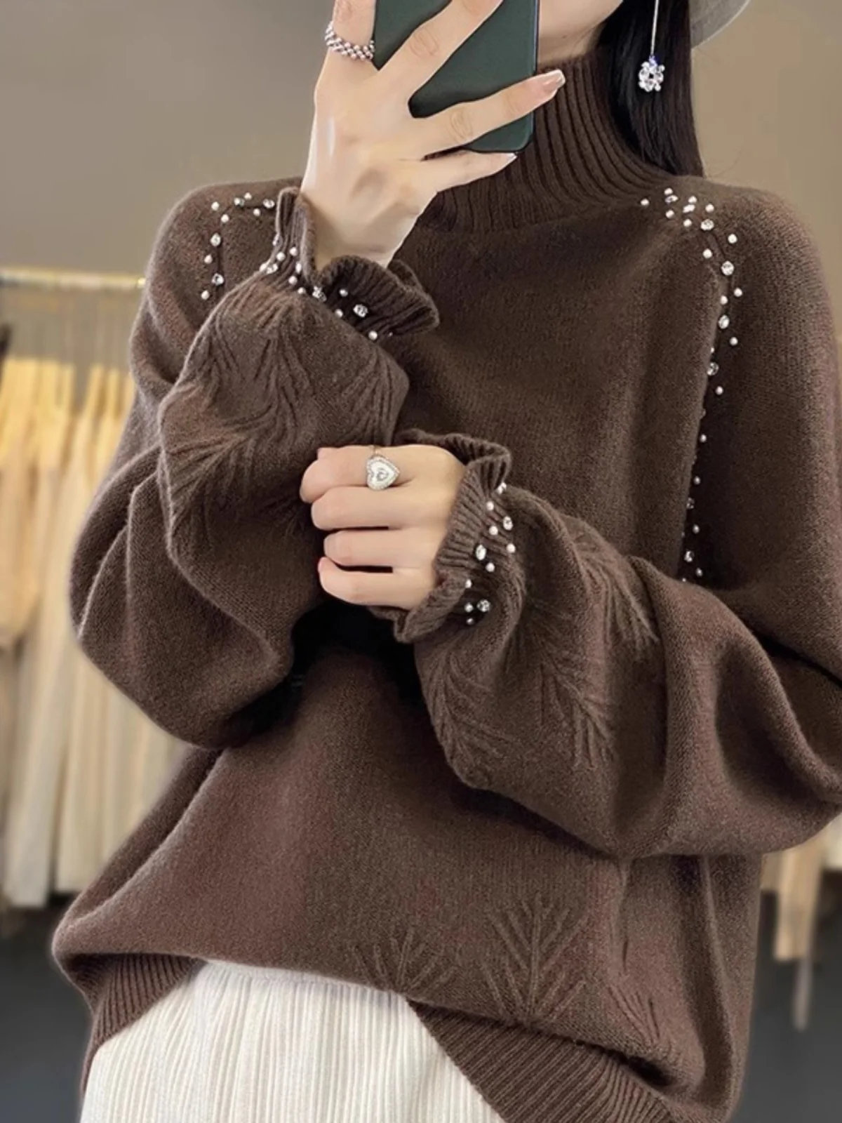 Heavy Embellied Loose Knitted Sweater Women's Autumn Winter High Collar Casual Inner Wear Comfortable Retro Sle Long S...