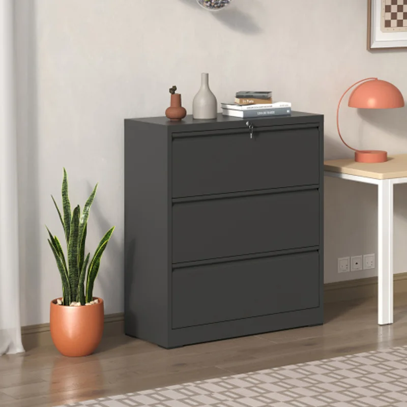 Lateral File Cabinet 3 Drawer, Black Filing Cabinet with Lock, Lockable File Cabinet for Home Office, Locking Metal File Cabinet