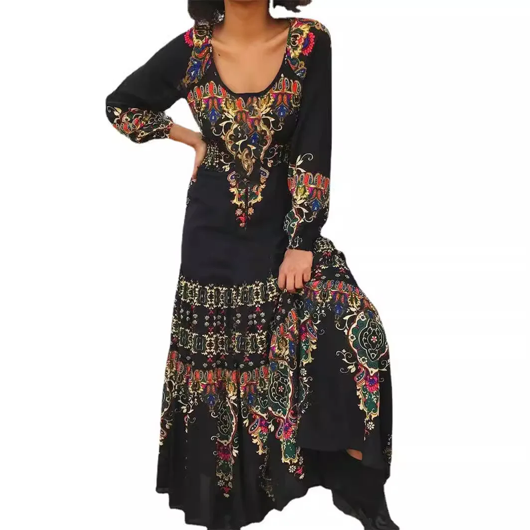 Ele Long Sve Print Dr U-Ne Beach Cross-Border Casual Loose Waist Polyester Long Dr Spring Autumn Season