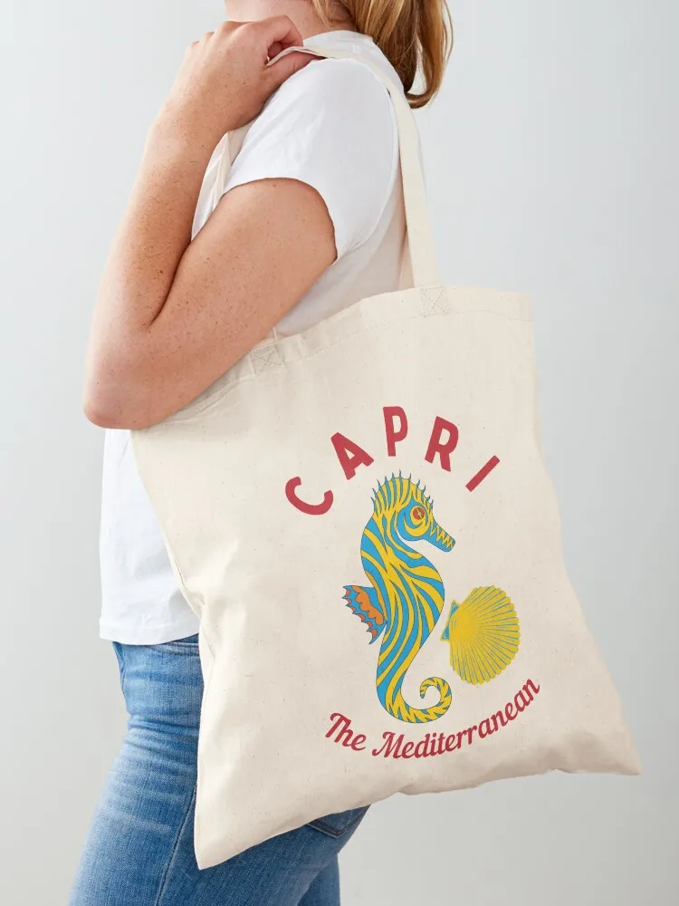 Bright Mediterranean Islands Capri, Red Text- Beach / Vacation Tote Bag Canvas shoulder bag Big bag cute tote