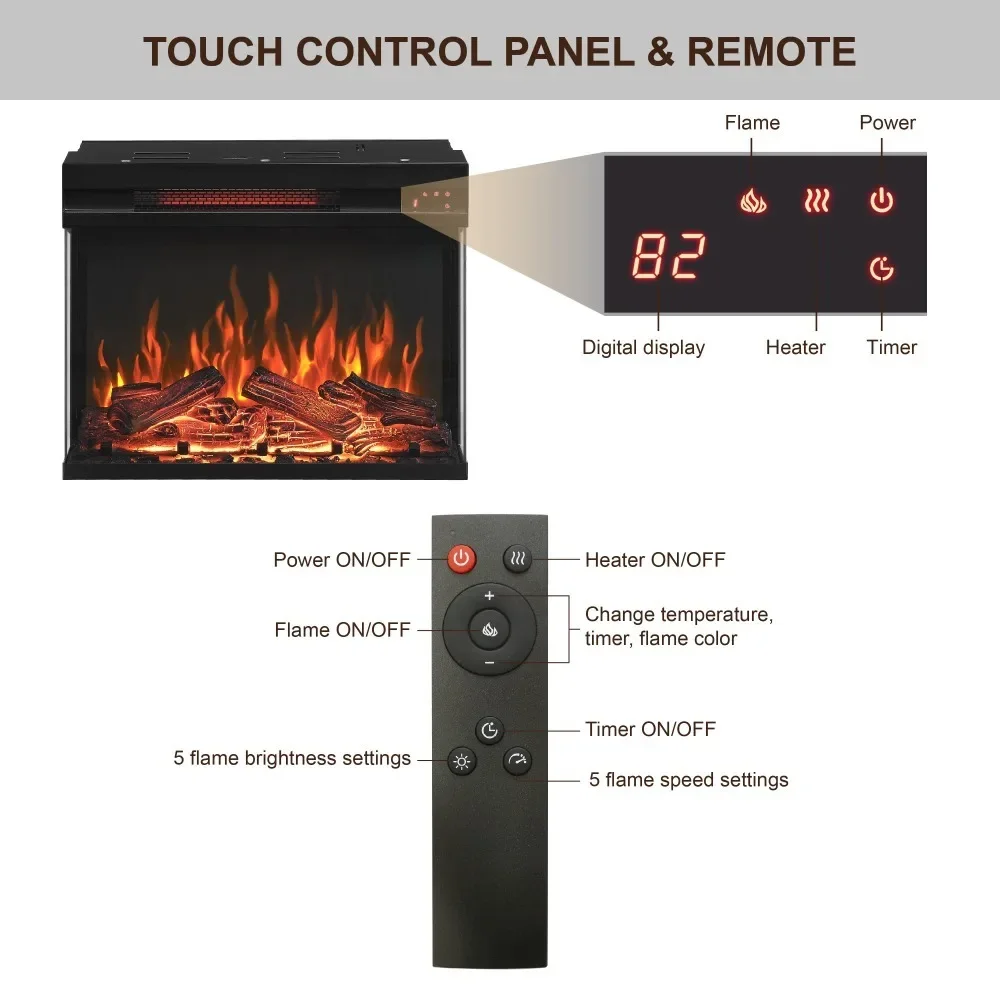 Electric Fireplace with 3-Sided Glass,End Table/Nightstand, Remote Control, Digital Display,1500W Heater, Electric Fireplace