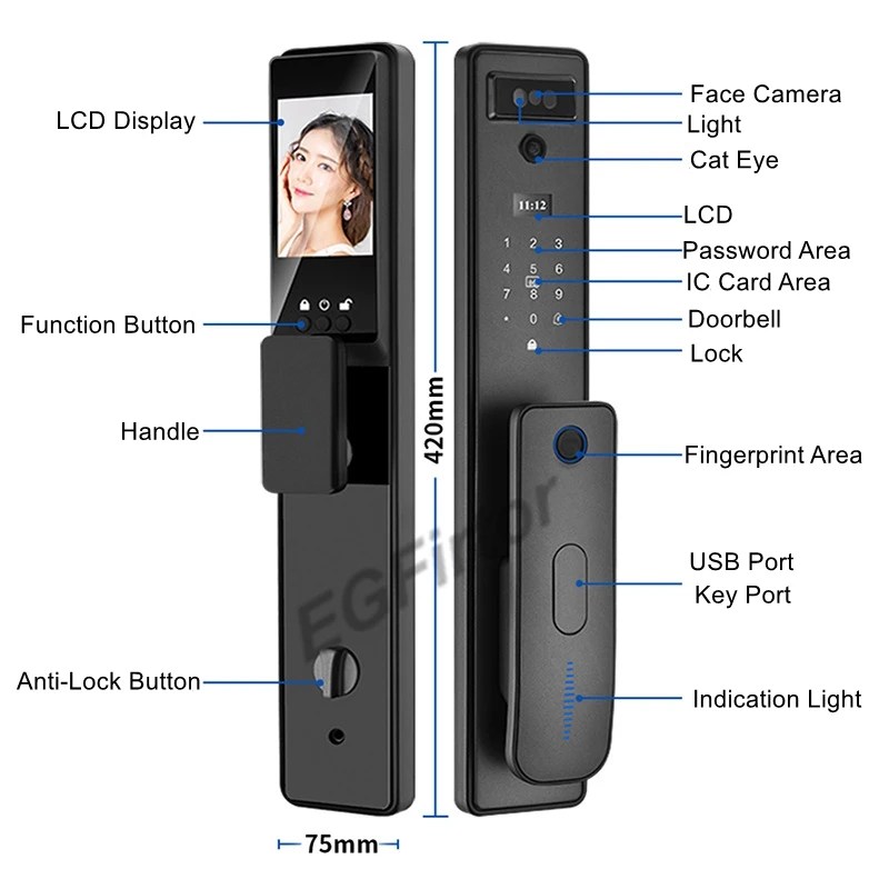 EGFirtor Tuya Wifi Smart Door Lock 3D Face Recognition Electronic Automation Smart Lock With Password IC Card Key Unlock Way