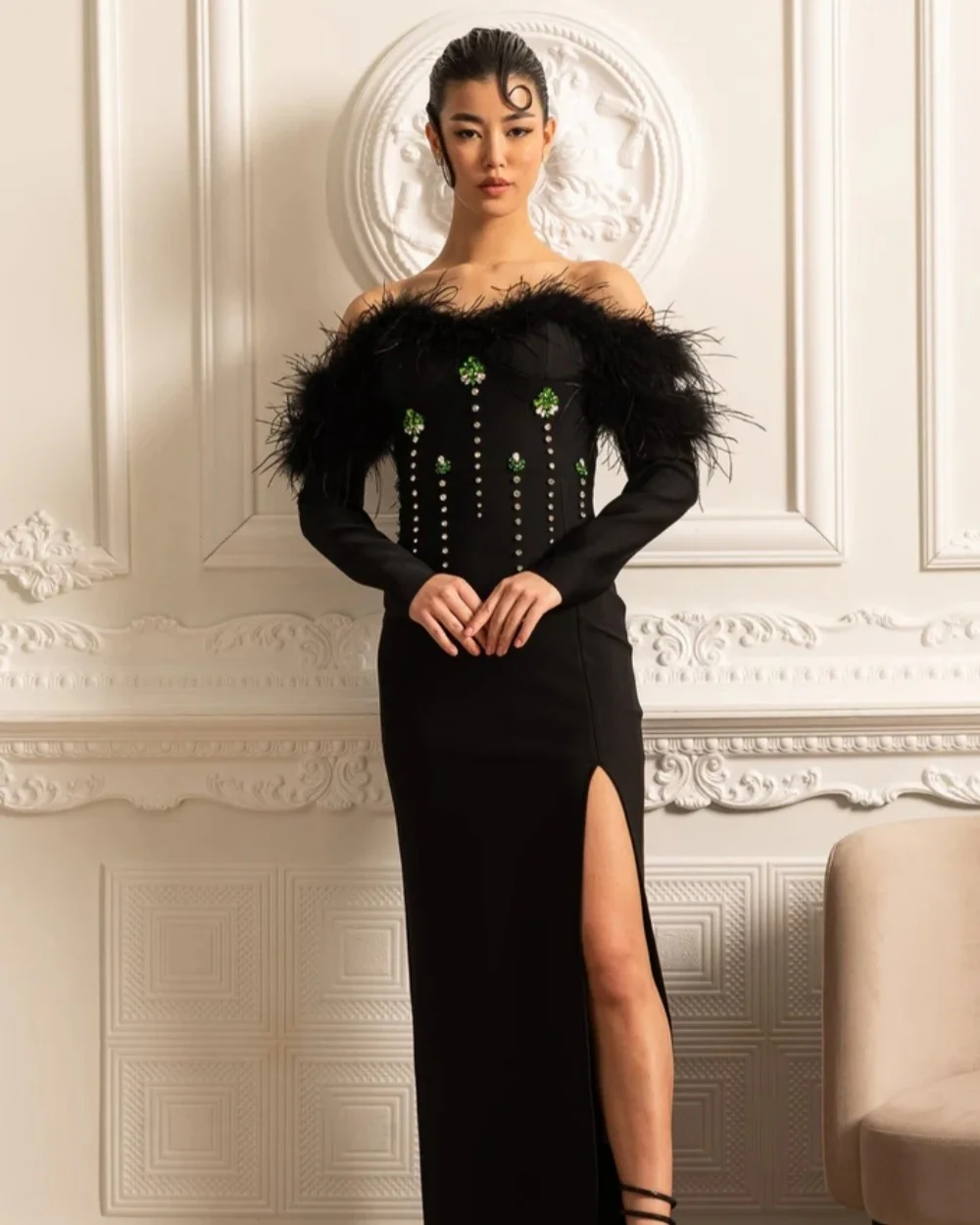 Customized Fashion Women Jersey Rhinestone Feather Straight Evening Dresses Matching Off-the-shoulder Slit Ankle Length Dresses