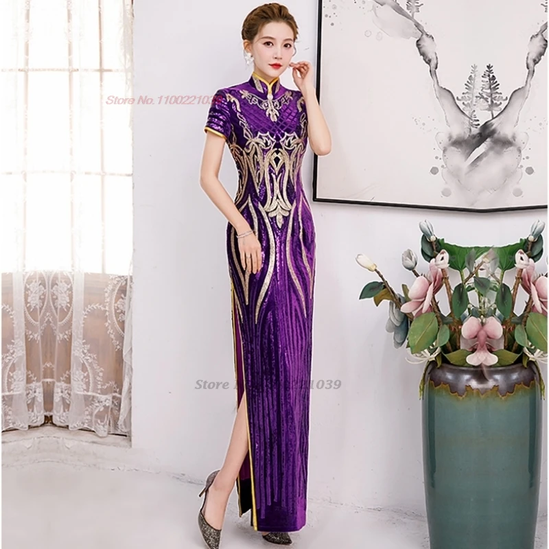 

2024 chinese improved qipao national flower sequin velvet dress cheongsam oriental traditional banquet party evening dress qipao