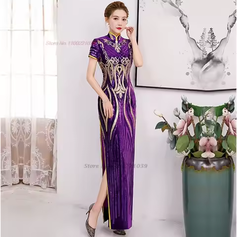 2026 chinese improved qipao national flower sequin velvet cheongsam dress oriental traditional banquet party evening dress qipao