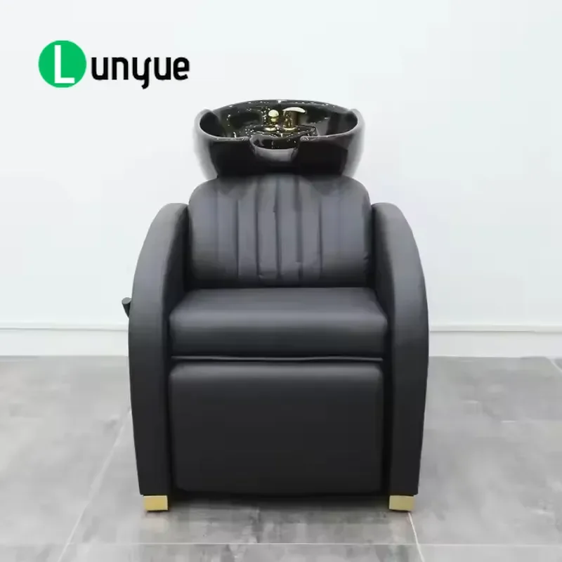 Modern Aluminum Shampoo Chair with Ceramic Basin Wood Frame Foot Pedal for and Living Room Styling Station