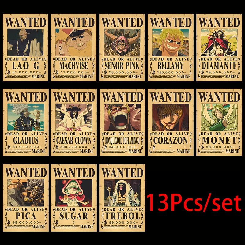 10 Stück Anime One Piece Luffy Neue Wanted-Poster Spielzeug Cartoon ACE Zoro Vintage Gemälde Poster Dekoration Spielzeug für Kinder Geschenke