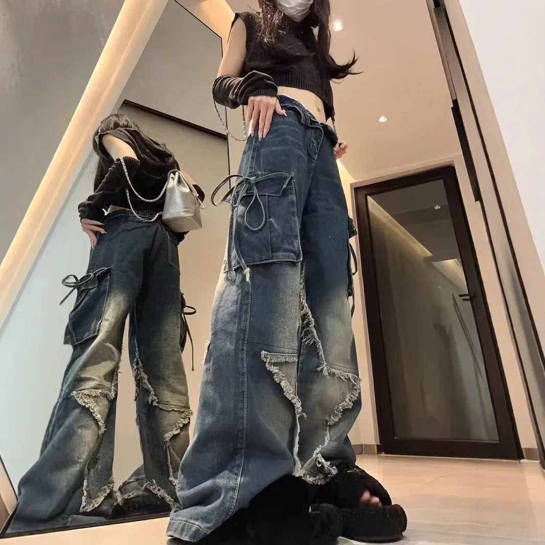 

Y2K Retro Dark Jeans Street Pentagram Pocket Design Straight Wide Leg Pants Loose Trousers