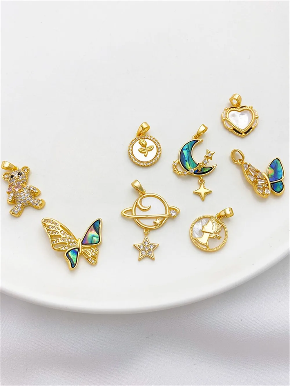 

18K Gold Inlaid Zircon Shell Butterfly Teddy Bear Pendant Handcrafted DIY Bracelet Necklace Jewelry Pendant Material L509