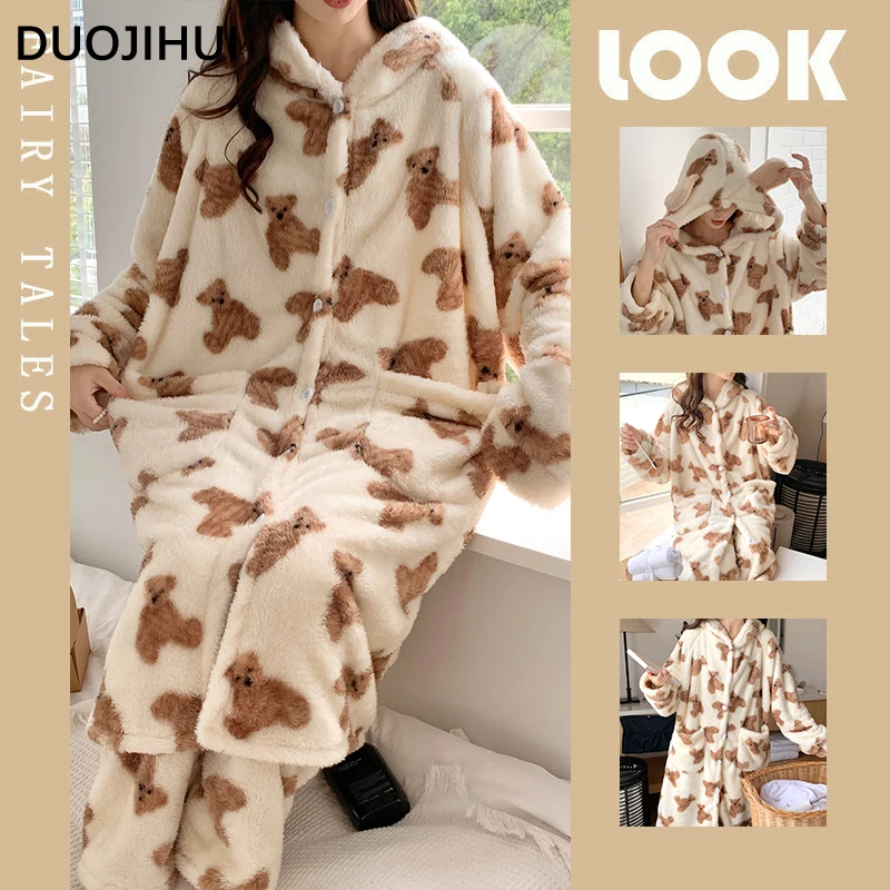 Duojihui lässig Kapuze warme Flanell Frauen Pyjamas Set Mode Cardigan Tops lose einfache Hosen schicke weibliche Pyjamas Set M-XXL