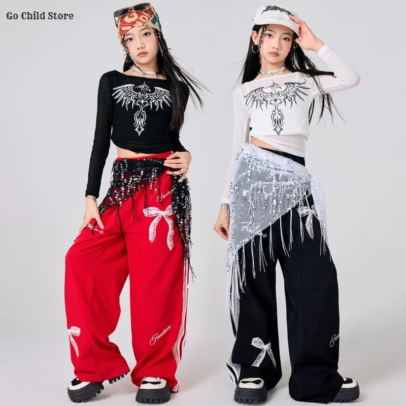 

Girls K-pop Crop Top Street Dance Bowknot Sweat Pants Jazz Girl Group Clothes Set Kids Hip Hop Costume Children Teens Streetwear