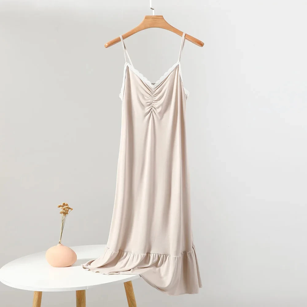 Modal Suspender Long Skirt Women Summer Thin Inner Wear V-Neck Lace Dress Large Size Loose Home Bottoming Skirt