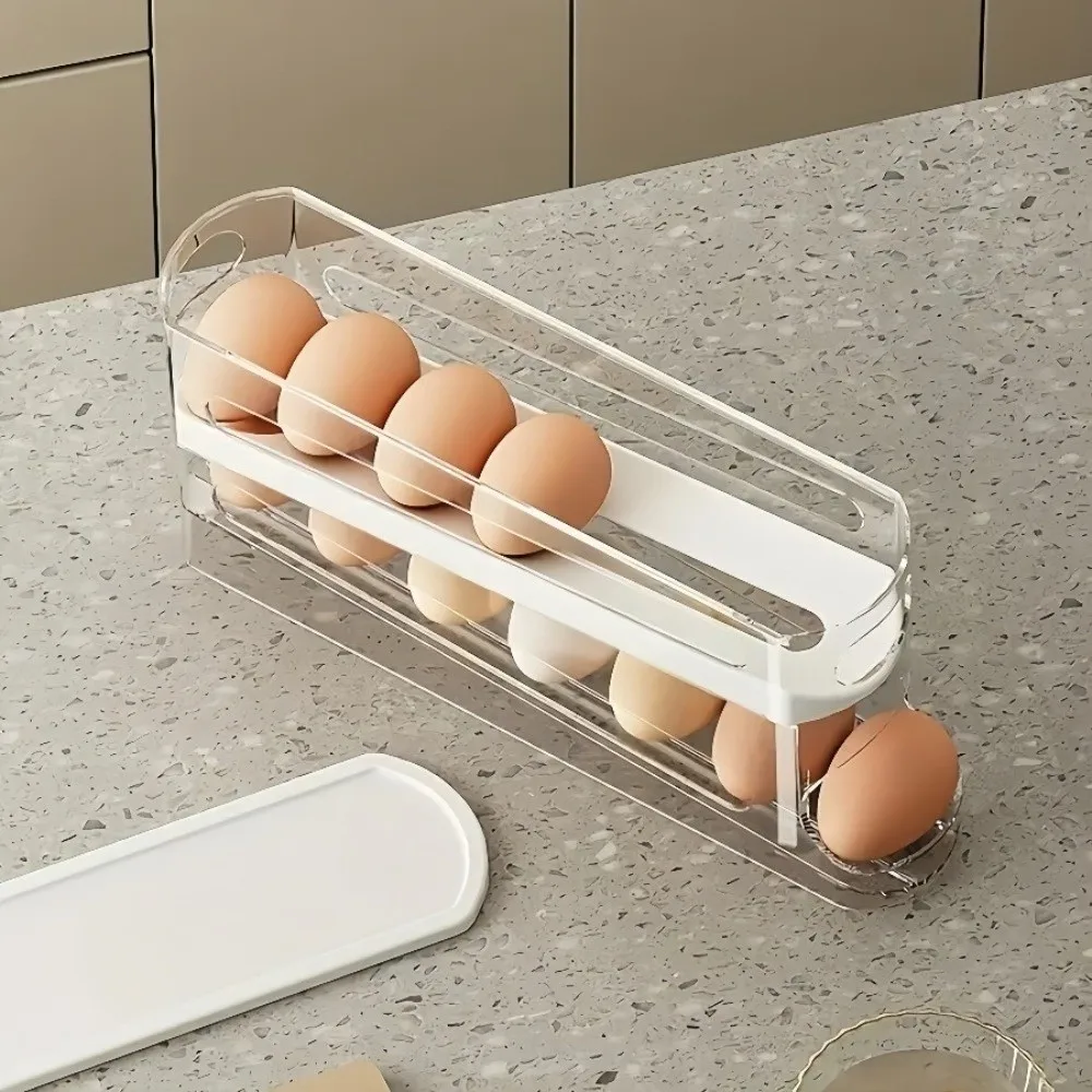 Transparent Egg Storage Box Ladder Style Space Saving Egg Holder Rack Automatic Rolling Double Automatic Egg Carton