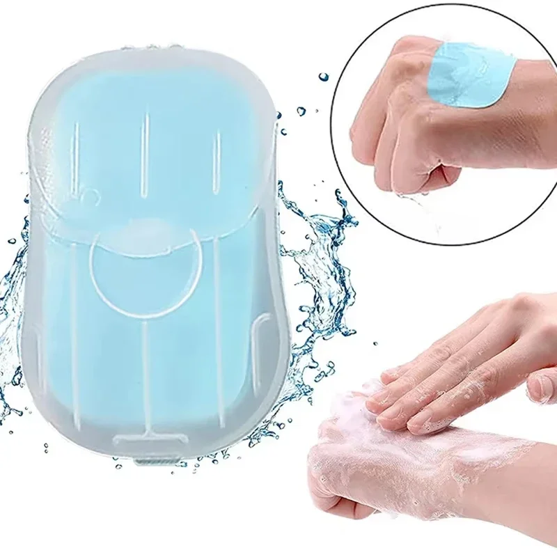 Sabonete de papel descartável, 50 pacotes, portátil, com caixa de plástico, sabonete de papel espumante para acampamento ao ar livre, caminhadas, viagens