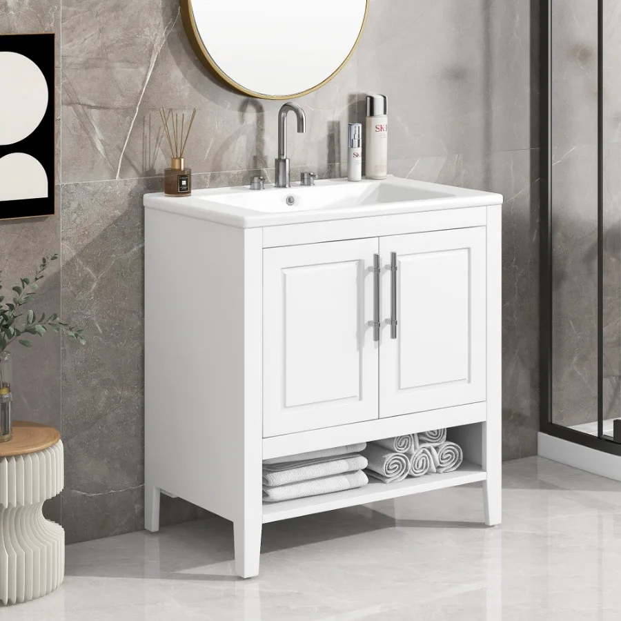 30" Bathroom Vanity with Sink, Multi-functional Bathroom Cabinet with Doors and Drawers, Solid Frame and MDF Board, Whit image 3