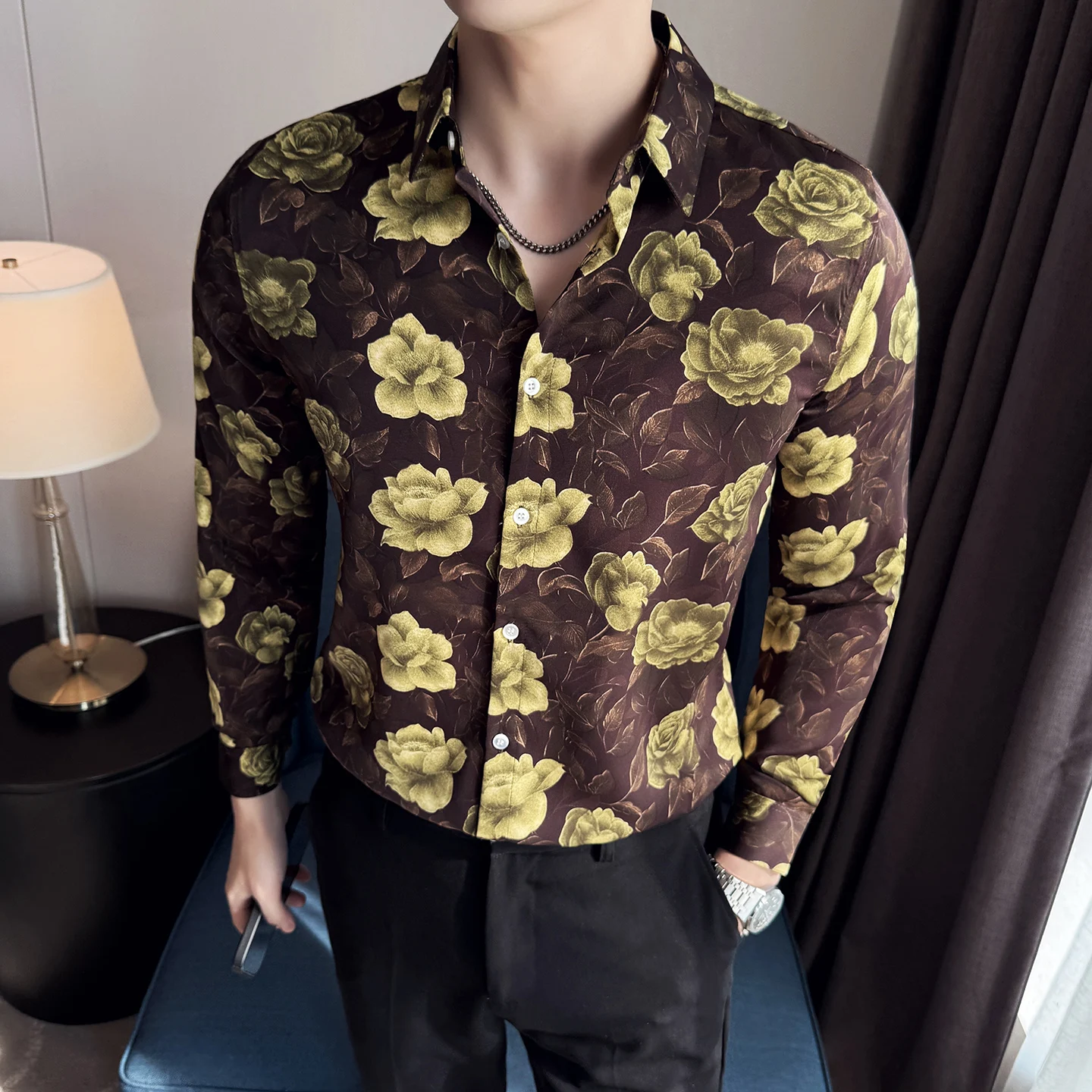 Trendy Floral Shirt Men Autumn Winter Long Sleeve Slim Fit Casual Shirts Social Nightclub Party Street Wear Shirt Men Clothing