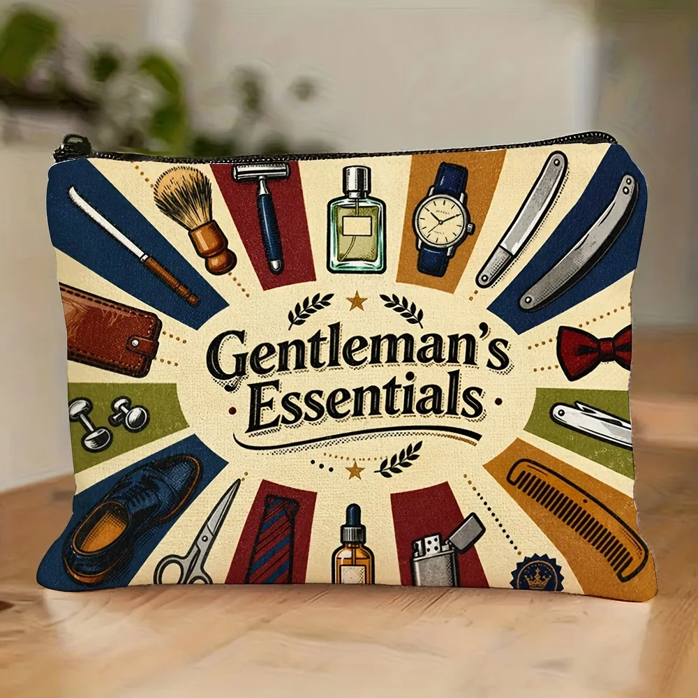 Vintage gentleman printed toiletry bag, multi-purpose storage for men. Holds toiletries, razor, watch, tie etc. Red-blue-brown t