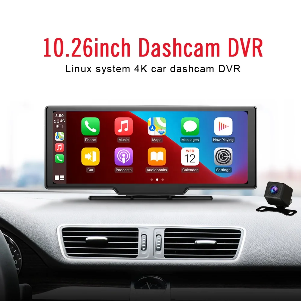 10.26 IPS Car Dash Cam DVR مسجل سيارة مزدوج يدعم الرؤية الليلية Carplay اللاسلكية وAndroid Auto