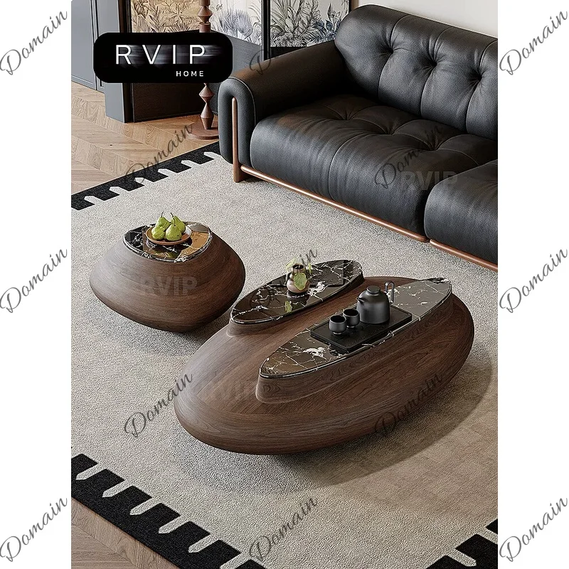 Mid-Century Modern Irregular Natural Luxury Stone Coffee Table Oval Pebble Design for Large Living Room Villa Side Table Set