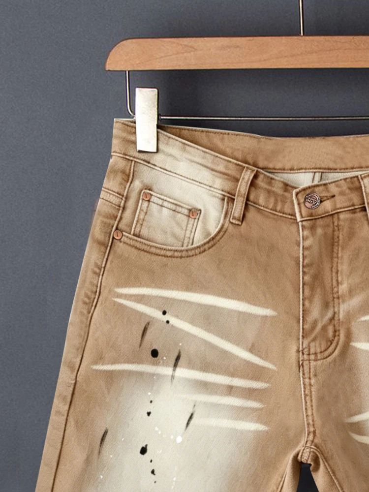 Men's Paint Splatter Vintage Denim Shorts Streetwear Hip Hop Straight Leg Jeans Shorts Casual Summer Loose Mid-Length Trousers