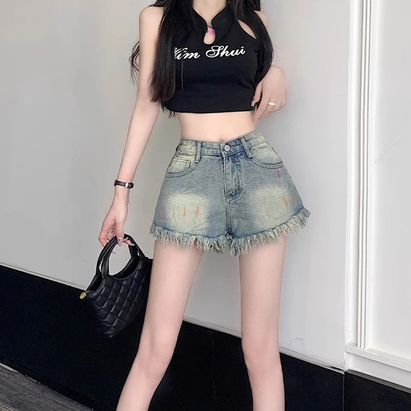페인트 낙서 데님 반바지 여성 여름 새로운 하이 웨이스트 슬리밍 a 라인 Burrs Tassels 넓은 다리 핫 바지 Ins 패션