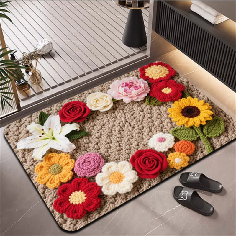 3D Flower Diatom Mud Carpet Absorbent Quick Dry Dirt Resistant Wear-Resistant Floor Mat Irregular Design Non-Slip Home Decor