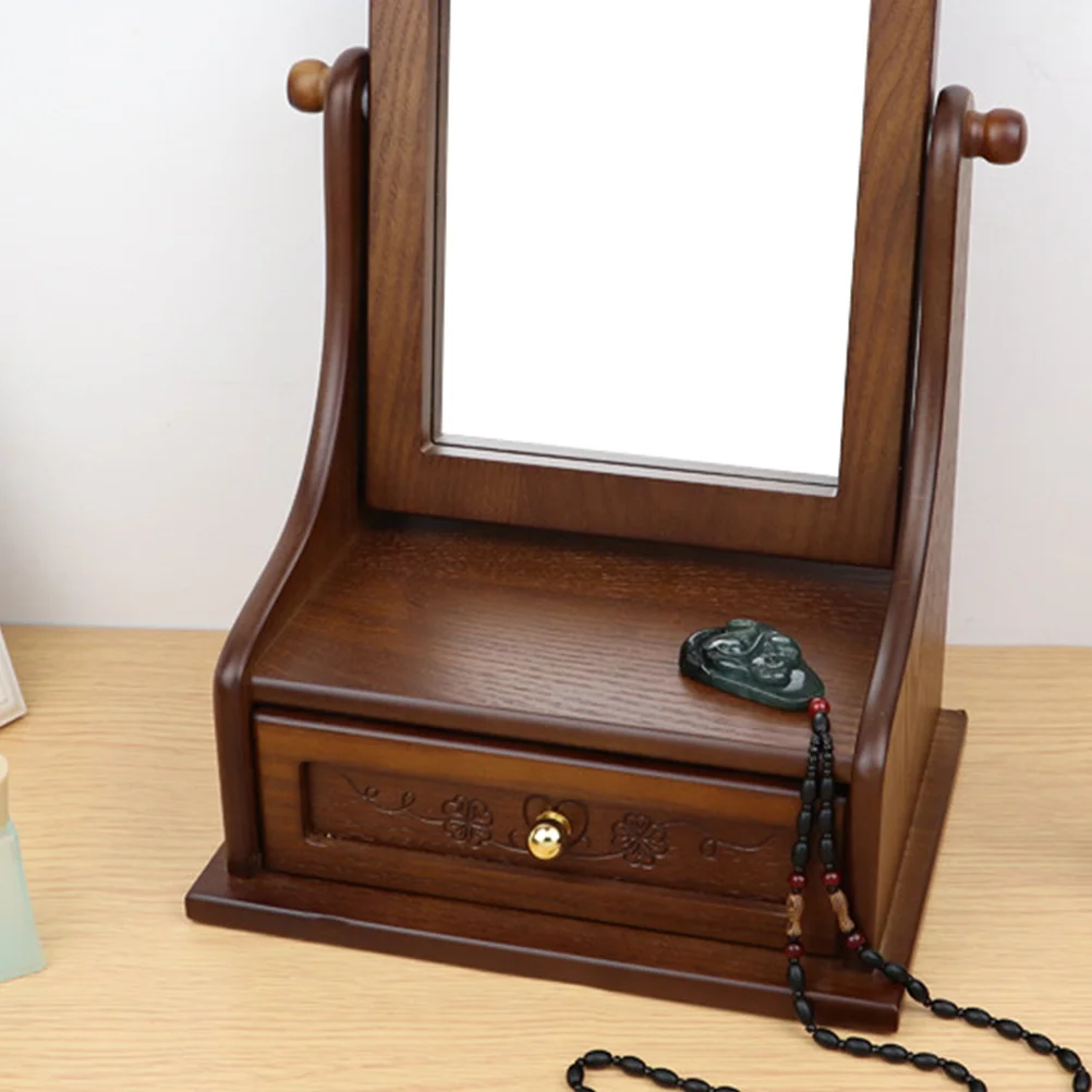 

Vintage Makeup Mirror Adjustable Angle Wooden Handle High Clarity Silver Glass Table Female Multi-Functional Vanities Retro