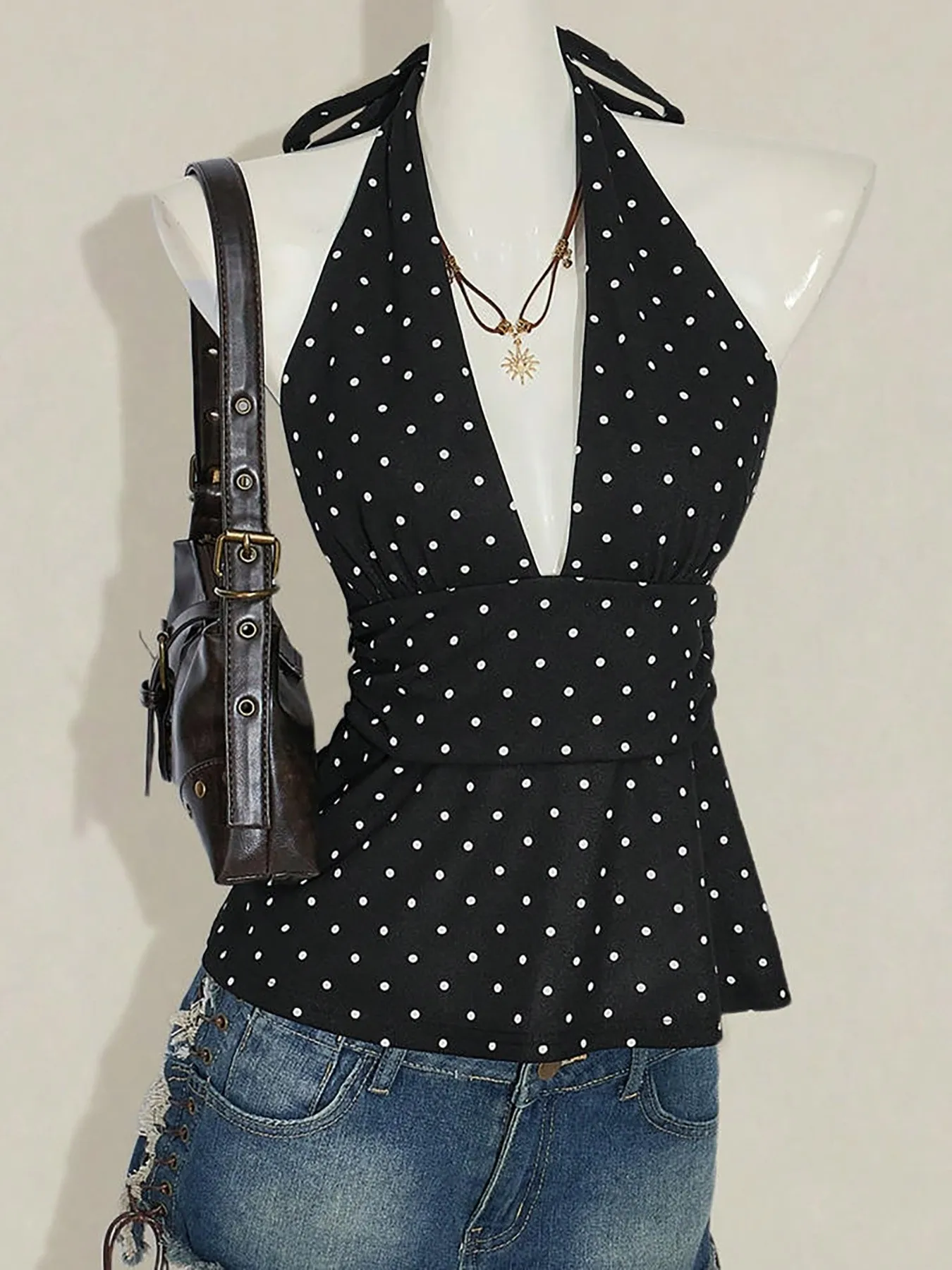 Waist Cinching Halter Neck Top Midi Length Western Style with Summer Polka Dot Pattern Sexy Unpadded Tanks Top for Women
