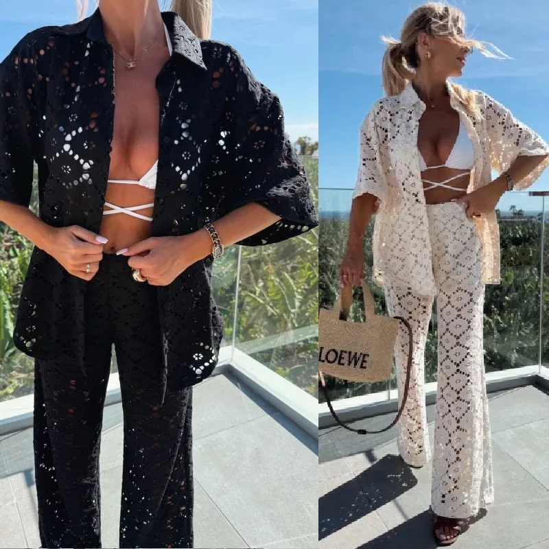 

Blouse Pants Suit Women's Summer Lapel Collar Cutout Lace Short Sleeve New Comfortable Casual Niche Versatile Fashionable Unique