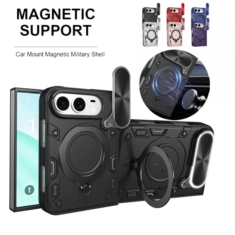 Shockproof Armor Phone Case For Apple iPhone Duo Fold 360° Rotating Magnetic Slide Lens Camera Protection Ring Holder Back Cover