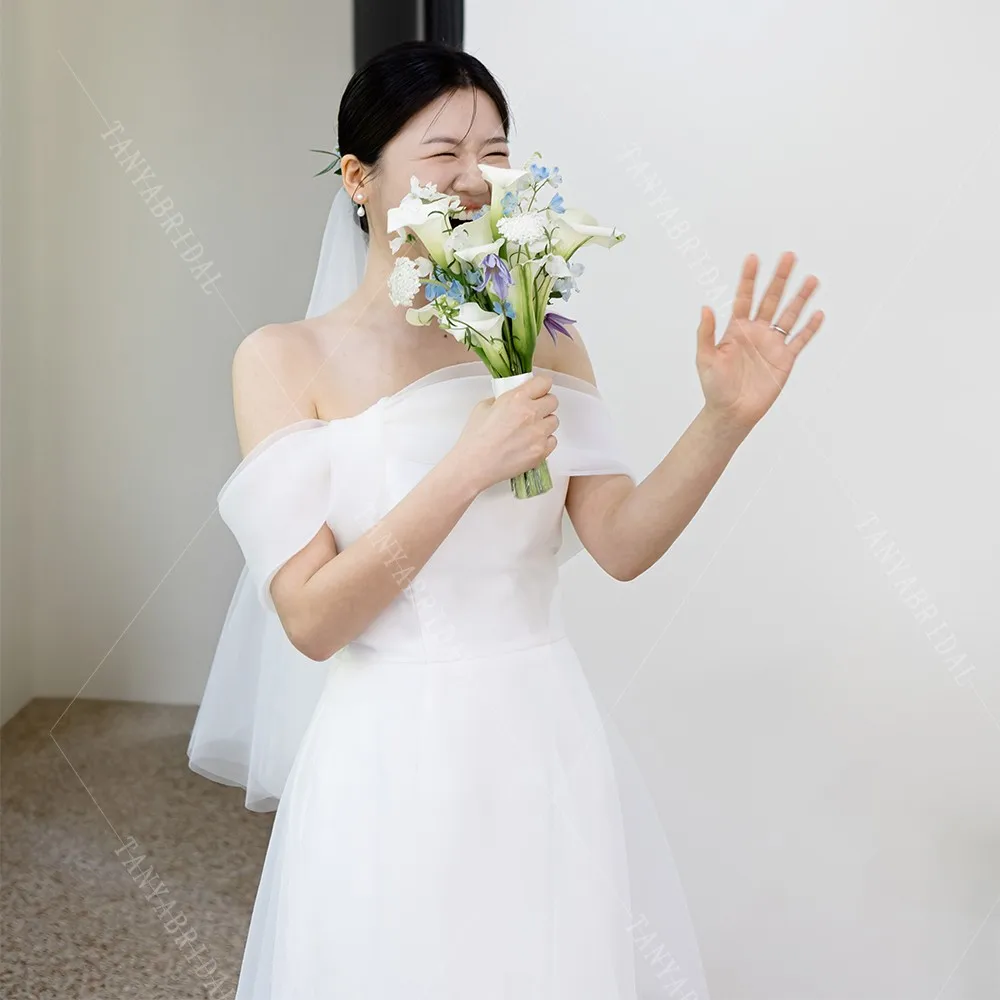 Vestido de novia de satén de Organza con cuello Barco, elegante vestido de novia de jardín al aire libre, línea A, largo hasta el suelo, con cordones en la espalda