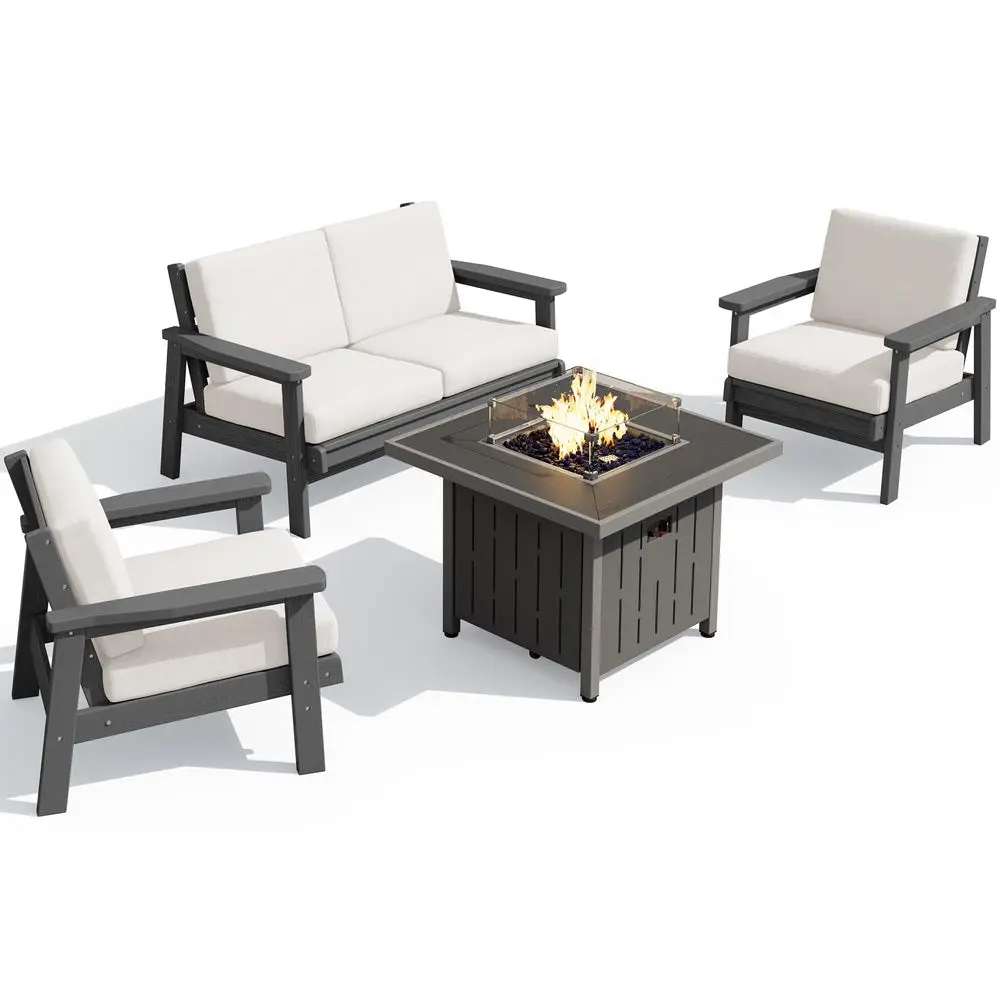 

Patio Furniture Set with 33 Fire Pit Table, HDPE Outdoor Sectional Sofa Set with Thickened Cushions, Grey Frame with Khaki Cush