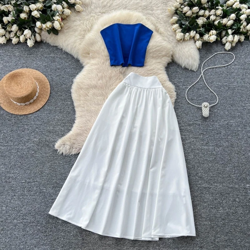 

French commuting style two-piece set women's summer new high waist slimming strapless top+half skirt high-end elegant set