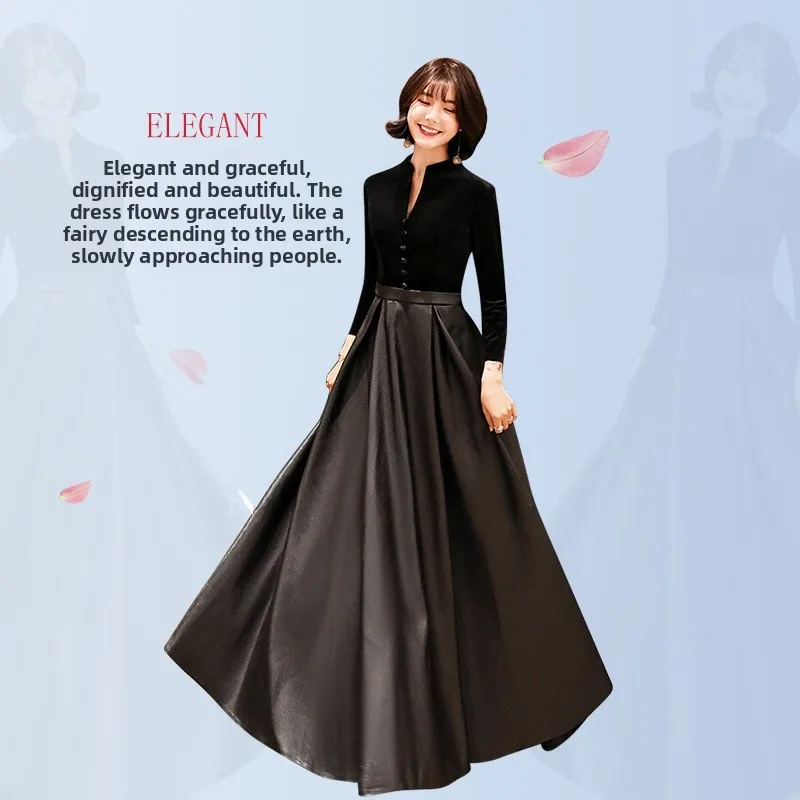 

Новое Вечернее Платье Bla Velvet с Длинным Рукавом для Весны и Лета, Элегантное, Корейский Стиль, Средняя Талия, Стройнящее, для Выступлений и Вечеринок