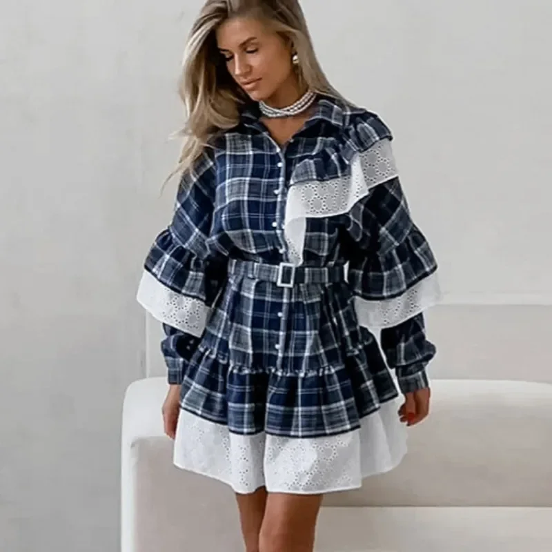 Talenza Ruffled Patchwork Shirt Mini Dress Women's Plaid Long Sleeve Lace Belt Single Breasted Dress Slim A-Line Mini Dress Y2k