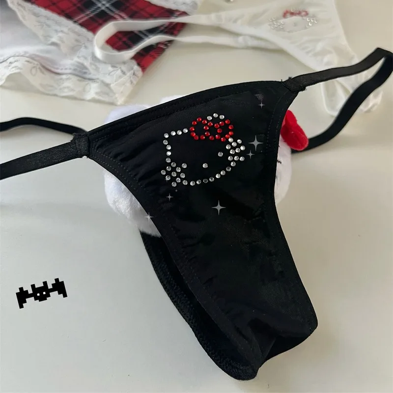 산리오 헬로 키티 섹시한 끈 팬티, 여성용 브리프, 반짝이는 라인스톤 티팬티, 로우 웨이스트, 심리스 란제리, 속옷