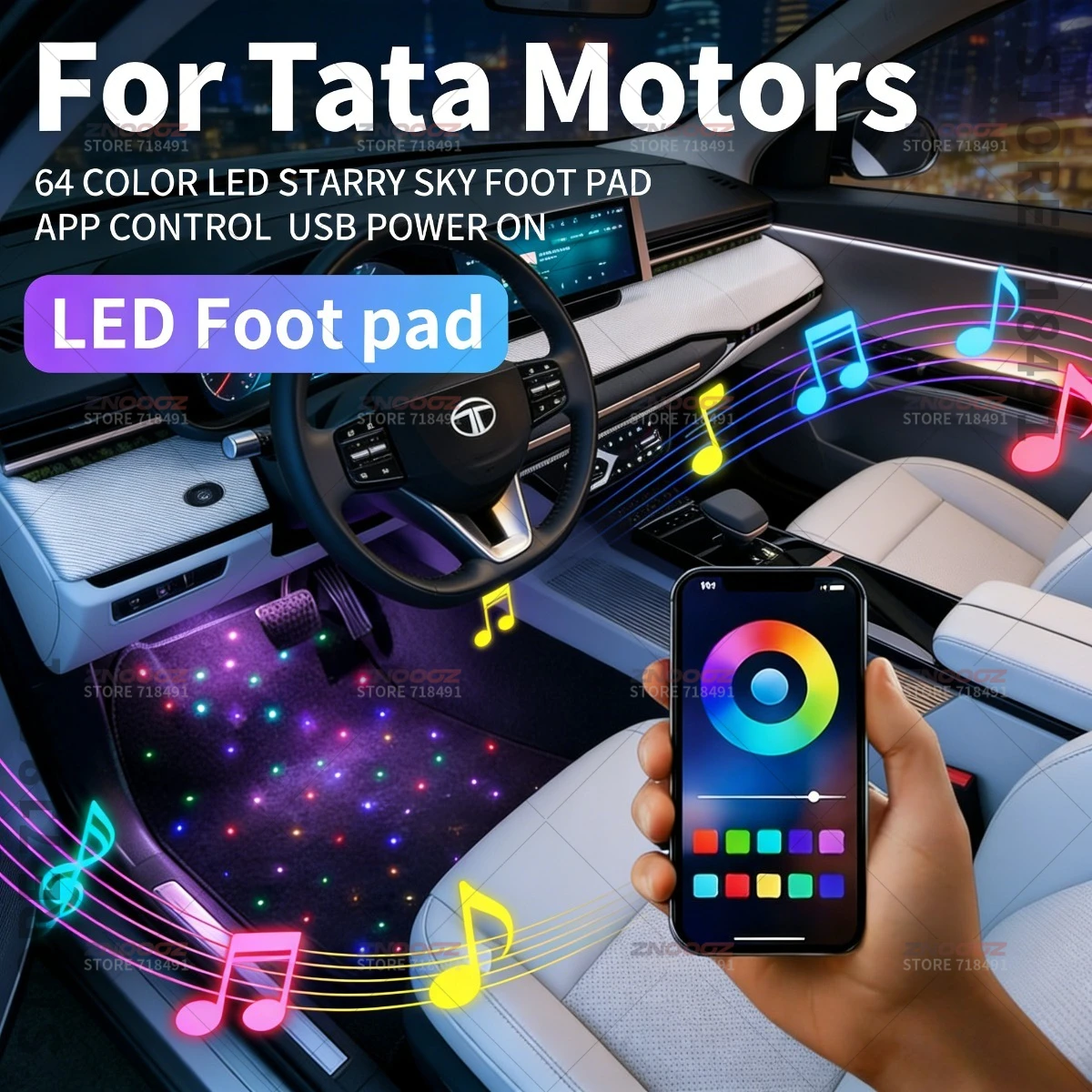 For Tata Motors Tiago Tigor Altroz Nexon Punch Harrier Safari USB Car LED Starry Sky Foot Mat DIY Can Be Cut