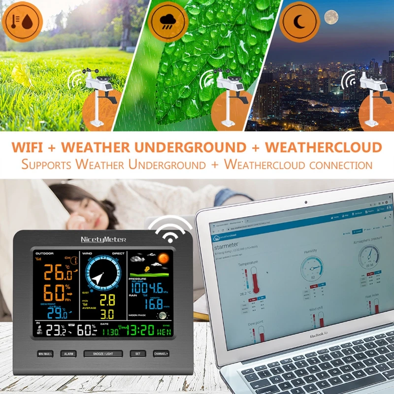 0366 WiFi Weather Forecast Color Thermometer Hygrometer Barometer Moon Phrase Wind Direct Rainfall Monitor Gauge Outdoor Sensor